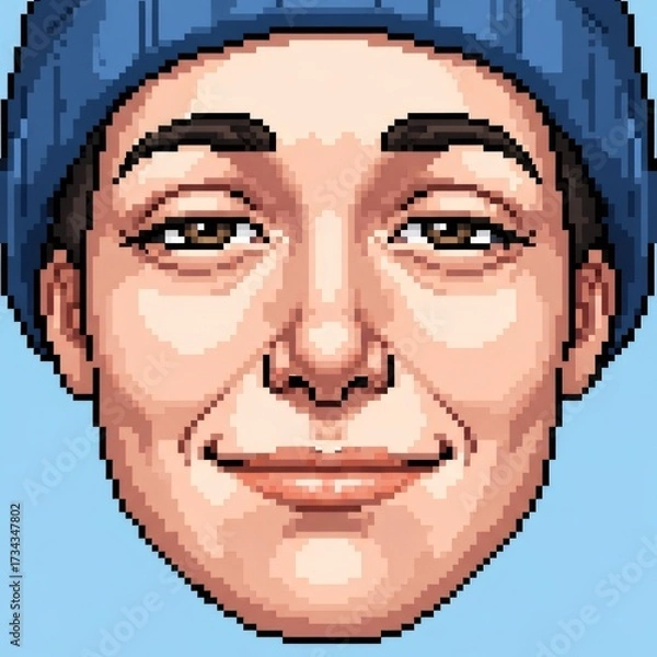 Obraz 青いニット帽をかぶった笑顔のピクセルアートポートレート