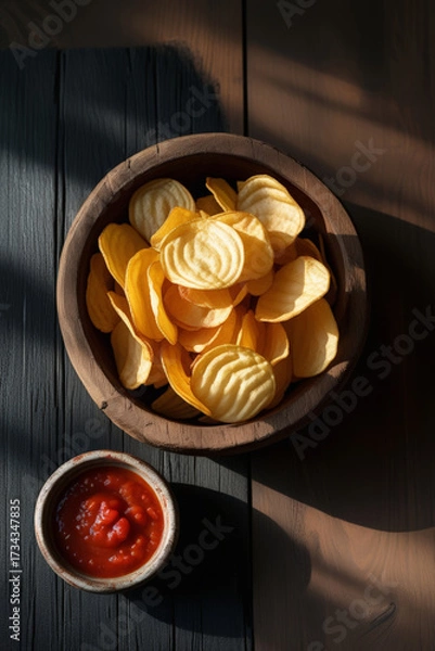 Fototapeta Golden potato chips served in wooden bowl with tomato sauce dip on rustic table. Tasty crunchy snack food for party, appetizer and fast meal