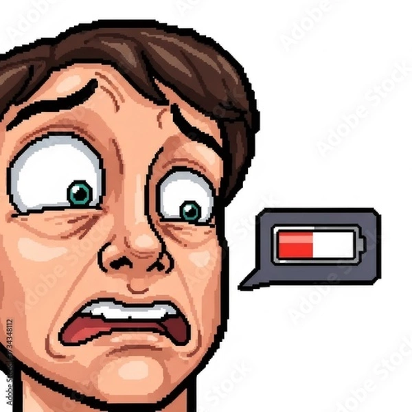 Obraz 茶髪の疲れた男性の顔とバッテリーアイコンのドット絵