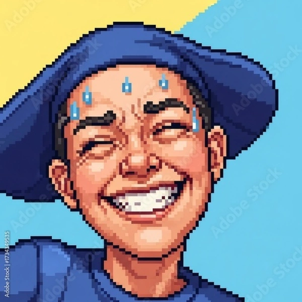 Obraz 青い帽子をかぶった汗だくの男のピクセルアート