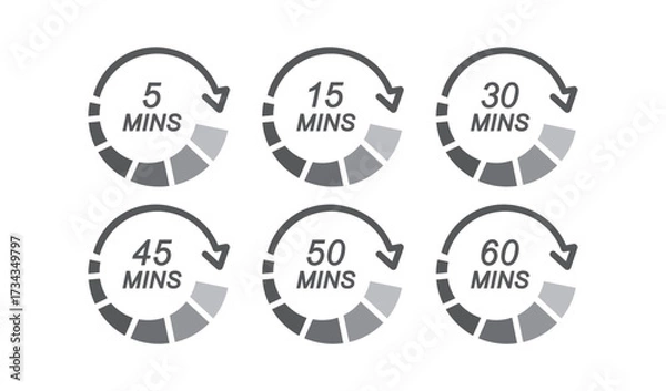 Fototapeta Minute timer icon collection with 5, 15, 30, 45 50, 60 mins, vector.