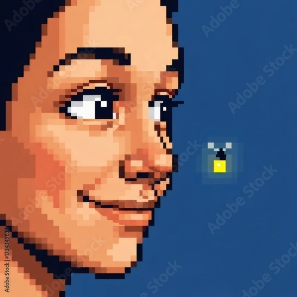 Obraz ピクセルアートの女性がホタルの光を見るブルースケープ