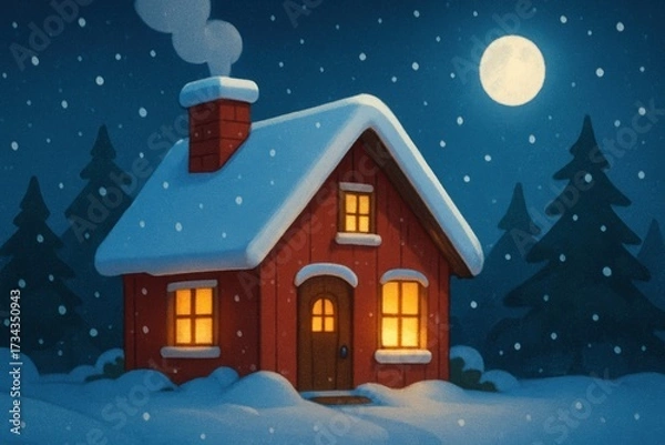 Fototapeta Welcome happy Christmas home. Cozy snow-covered cabin under a full moon with falling snowflakes and surrounding pine trees.