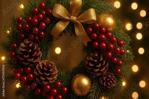 Fototapeta Welcome happy Christmas home. Festive Christmas wreath adorned with pinecones, berries, and a golden bow, glowing lights in background.