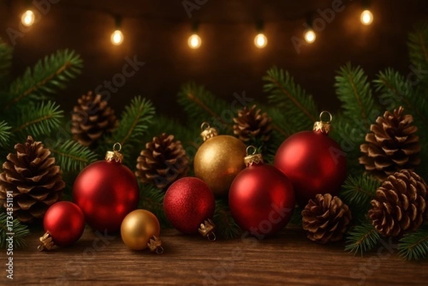 Fototapeta Welcome happy Christmas home. Christmas ornaments and pinecones on a wooden surface with warm lights in the background.