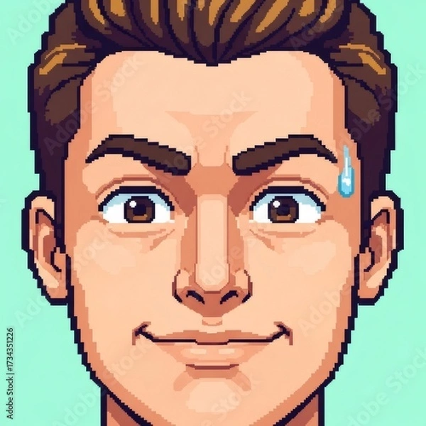 Obraz ドット絵の男性の顔 青緑色の背景に冷や汗