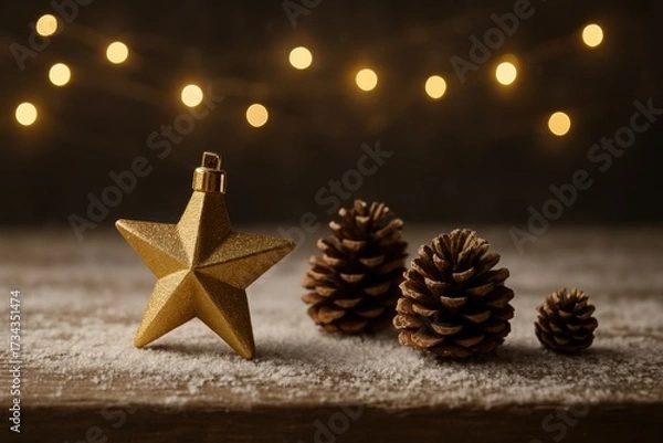 Fototapeta Welcome happy Christmas home. Festive arrangement of pine cones and a golden star ornament with warm lights in the background.
