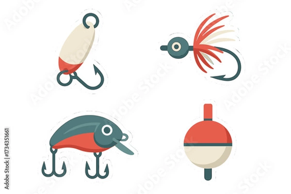 Fototapeta Diverse collection of fishing tackle equipment featuring various lures, a fishing fly, and a traditional bobber for recreational angling activities
