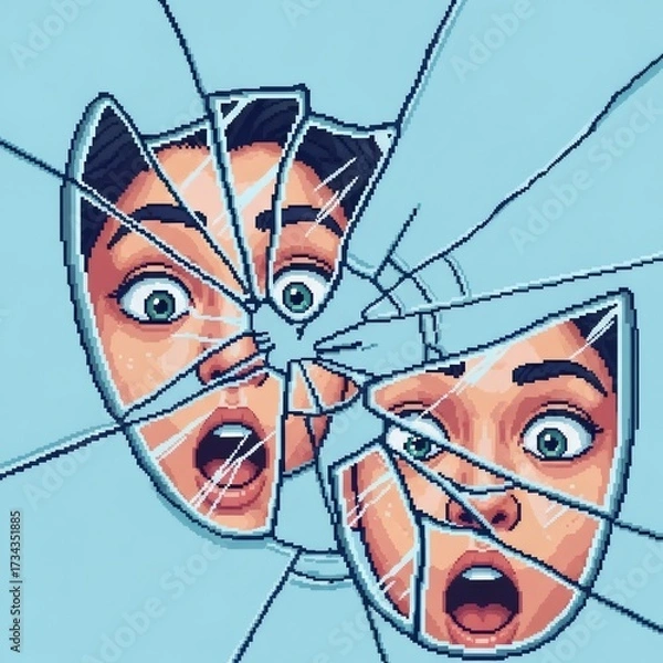 Obraz 青い背景に割れた鏡の女性の驚いた顔のピクセルアート