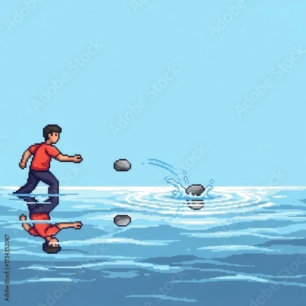 Obraz 水面で石を投げる少年 ピクセルアートスタイル