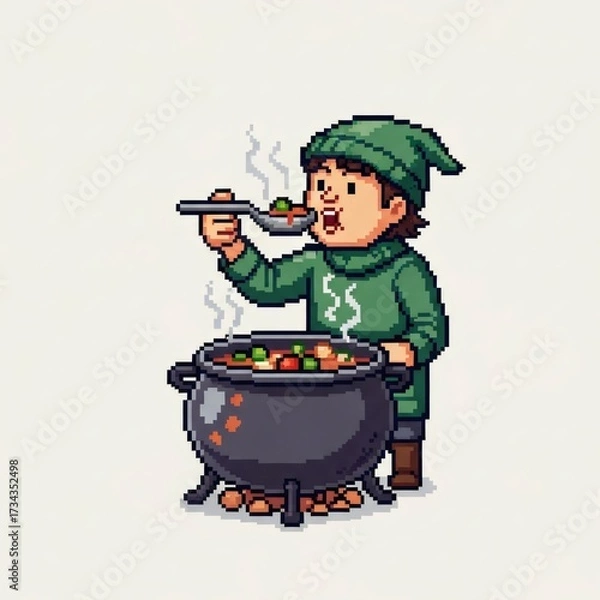 Obraz 緑の服を着た少年がスープを味わうピクセルアート