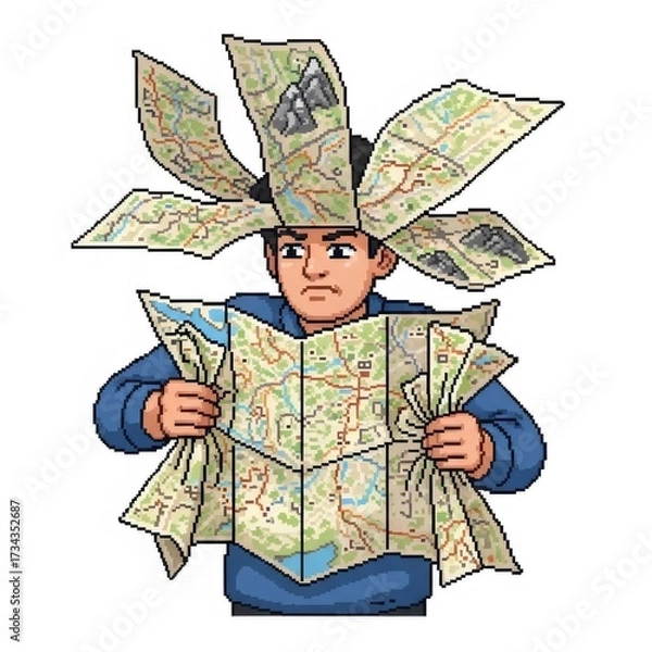 Obraz 男性は地図で覆われ、背景は白でピクセルアートです