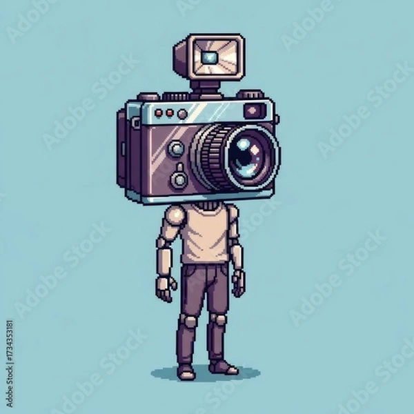 Obraz カメラの頭のピクセルアートの人形と青い背景