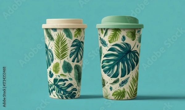 Fototapeta Stylish Beverage Cups with Tropical Leaf Patterns on Blue Background