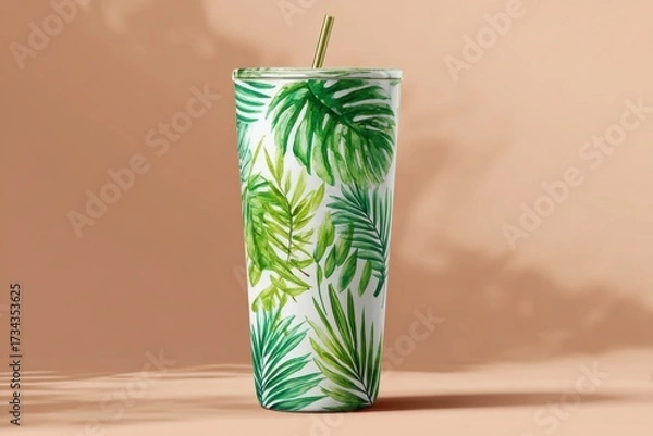 Fototapeta Tropical Leaf Pattern Beverage Container with Straw on a Soft Background