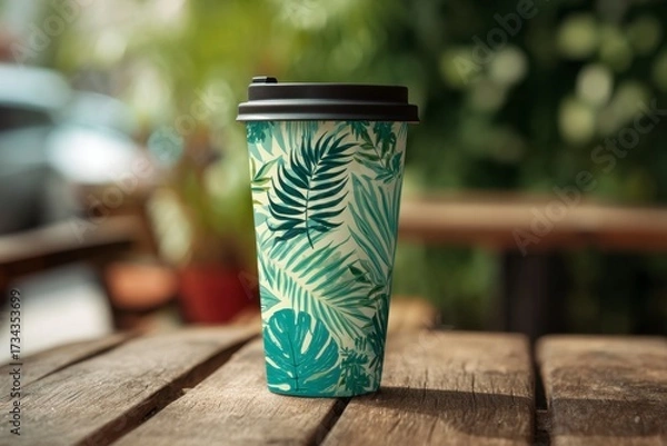 Fototapeta Tropical Leaf Pattern Coffee Cup on a Wooden Table in a Cafe