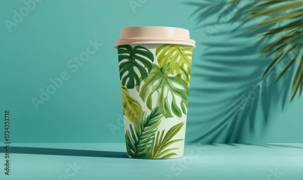 Fototapeta Tropical Leaf Pattern Cup on Bright Background for Refreshing Drinks
