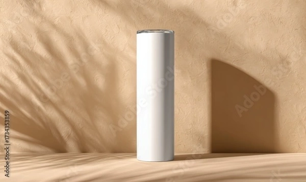 Fototapeta Minimalist White Cylinder on Beige Background with Soft Shadows