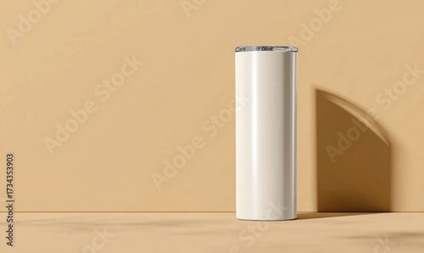 Fototapeta Minimalist White Mug on Beige Background with Soft Shadows