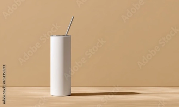 Fototapeta Minimalist White Drink Container with Straw on Smooth Surface