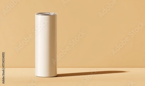 Fototapeta Minimalist White Travel Mug on Warm Background with Soft Shadow