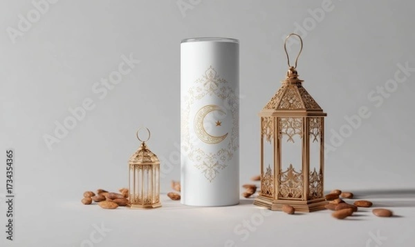 Fototapeta Elegant Lanterns and Decorative Cylinder with Islamic Pattern Design