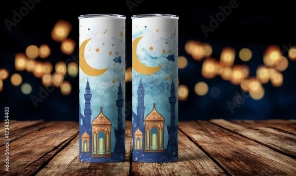 Fototapeta Decorative beverage containers with moon and mosque design at night