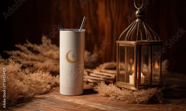 Fototapeta Elegant White Tumbler with Moon Design and Lantern on Wooden Table
