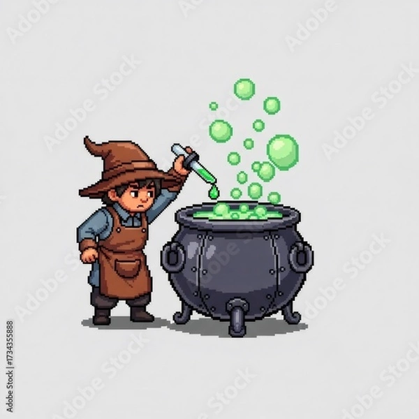 Obraz 茶色の帽子の男が緑の液体を大釜に落とすピクセルアート