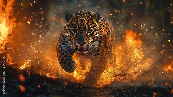 Fototapeta Powerful jaguar leaps through fiery jungle landscape, showcasing raw energy and untamed beauty, perfect for adventure, wildlife, or dynamic themes with a fierce captivating essence