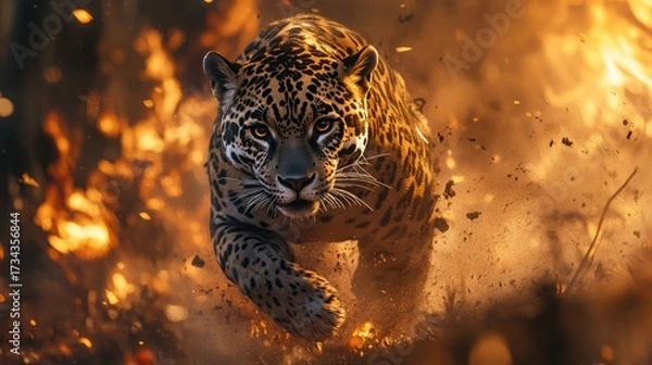 Fototapeta Majestic jaguar prowling powerfully through golden dust, a dramatic predator portrait exuding strength and primal energy, perfect for wildlife enthusiasts and conservation campaigns