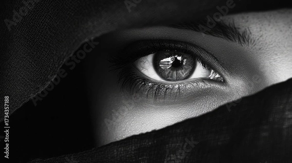 Fototapeta Intense gaze of a woman with captivating eyes peering from the shadows, a story of mystery and allure in black and white, perfect for editorial designs and evocative projects