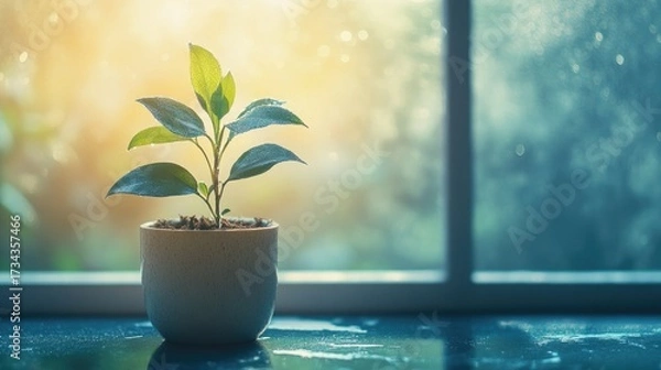 Fototapeta Bring the beauty of nature indoors with this charming little potted plant, perfect for adding a touch of serenity and freshness to your home or office decor in a modern way