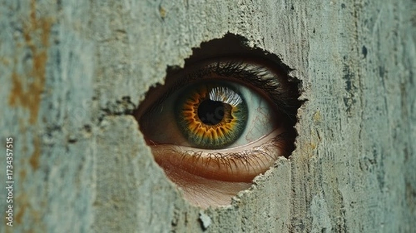 Fototapeta Intriguing human eye with striking golden iris peeking through textured wall, evoking mystery and suspense perfect for captivating storytelling and impactful visual narratives
