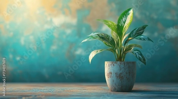 Fototapeta Bring a touch of nature indoors with this beautiful potted plant against an elegant teal backdrop, perfect for adding a calm and sophisticated feel to any project or design
