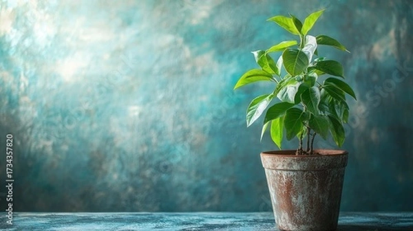 Fototapeta Bring nature indoors with a vibrant green potted plant against a calming teal backdrop, perfect for adding a touch of tranquility and organic beauty to your designs and projects