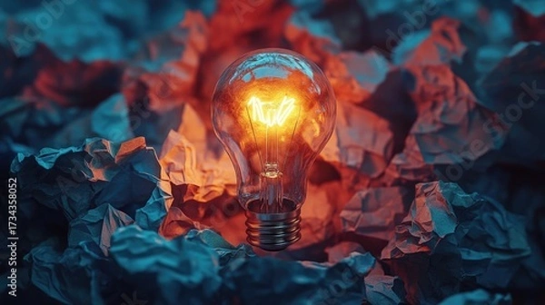 Fototapeta Illuminating idea concept featuring glowing lightbulb surrounded by crumpled paper, sparking creativity and innovation, perfect for business inspiration and inventive solutions