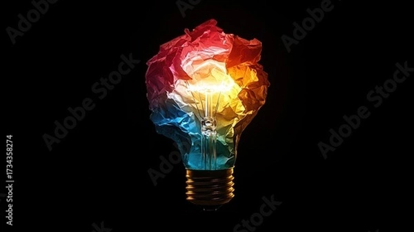 Fototapeta Brilliant idea glows with vibrant colors, a unique lightbulb wrapped in colorful paper radiates creativity and innovation on a black background, concept of imagination