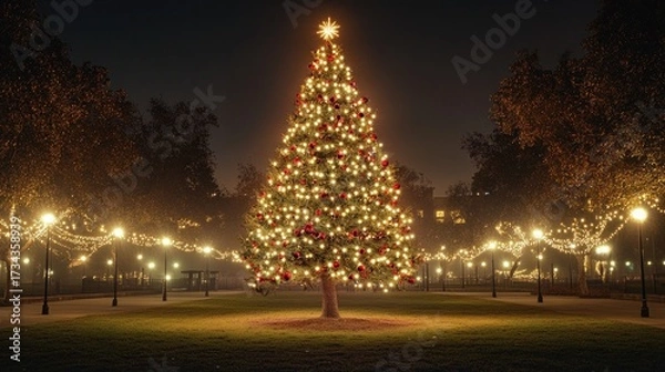 Fototapeta Experience the magic of Christmas with a beautifully lit tree in a serene park setting, perfect for holiday promotions, festive greetings, and heartwarming seasonal campaigns