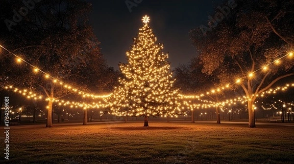 Fototapeta Experience the magical glow of a Christmas tree illuminating a park at night, creating a warm, enchanting atmosphere for seasonal celebrations and festive cheer