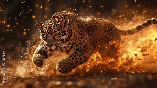 Fototapeta Witness the raw power of a jaguar in motion, surrounded by an energetic blaze of vibrant color and dynamic sparks, perfect for conveying strength and untamed beauty in your next project