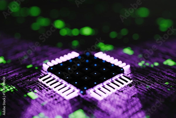 Fototapeta Abstract glowing microchip cpu on a circuit board with neon purple and green lights, representing technology, data processing, innovation, AI, futuristic digital computing. Quantum computer concept