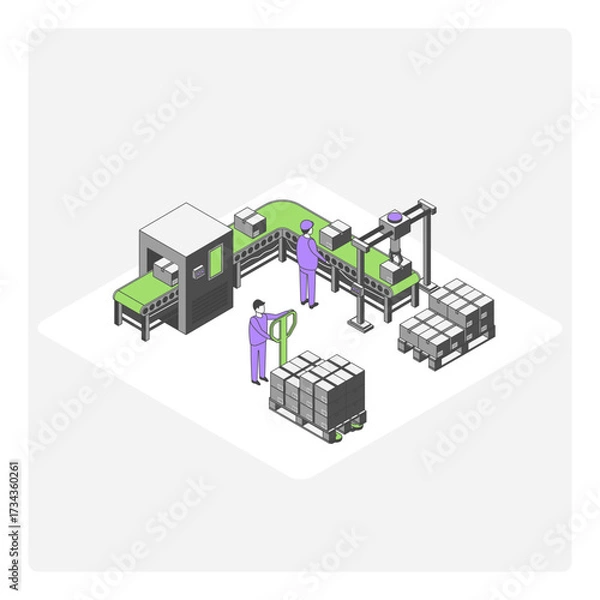 Fototapeta Cartoon Color Factory Conveyor Concept 3d Isometric View Line Elements. Vector illustration of Industrial Automation Process