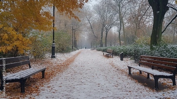 Fototapeta Peaceful stroll along a snow dusted park path lined with bare trees and benches, a beautiful winter landscape offering serenity and escape to nature, perfect for seasonal promotions