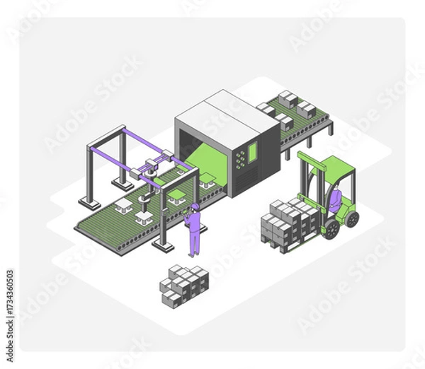 Fototapeta Cartoon Color Automated Sorting Factory Conveyor Concept 3d Isometric View Line Elements. Vector illustration of Industrial Automation Process