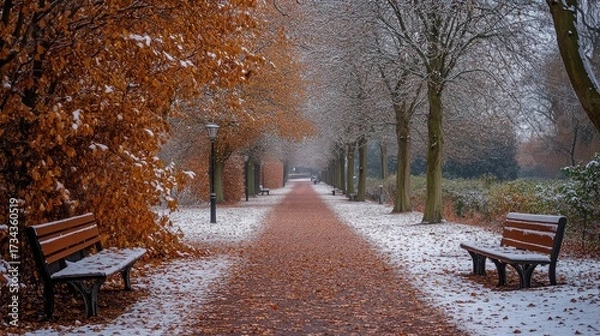 Fototapeta Experience the serene beauty of a snow-dusted autumn park with benches lining the leaf-strewn path under a canopy of trees, evoking peace and tranquility in a natural setting