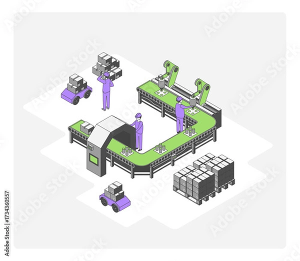 Fototapeta Cartoon Color Engineer Controlling Factory Conveyor Concept 3d Isometric View Line Elements. Vector illustration of Industrial Automation Process