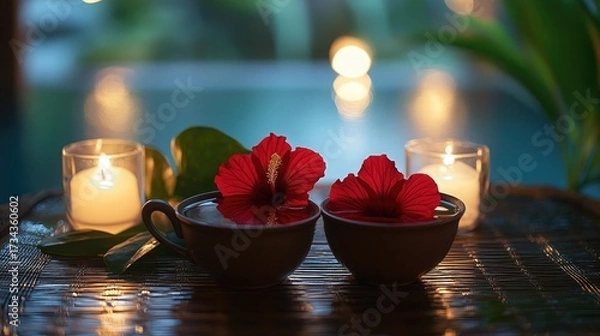 Fototapeta Experience blissful relaxation with hibiscus tea and candlelight creating a serene spa atmosphere for wellness and self-care retreats, perfect for mindful moments