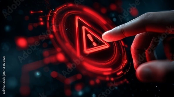 Obraz A hand interacts with a glowing interface, a neon warning sign and a serious situation.