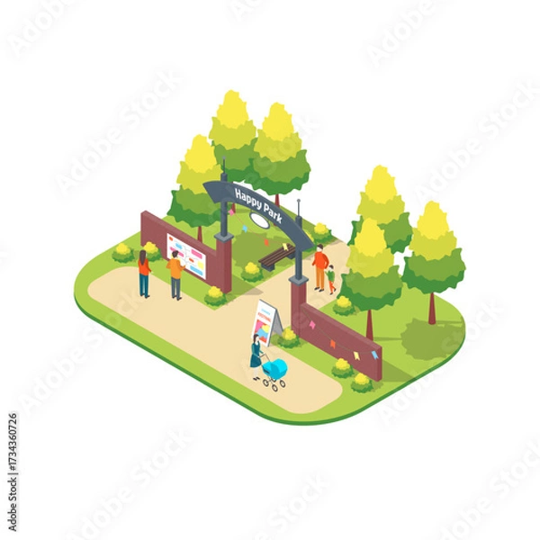 Fototapeta Cartoon Color Character People and Entrance Scene Summer Park Fest Concept 3d Isometric View. Vector illustration